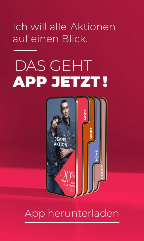 Zwei Smartphones, die jeweils in einer Hand gehalten werden, zeigen die Profile einer Frau und eines Mannes, die einander gegenüberstehen. Die Frau scheint den Mann zu küssen. Der Text lautet „Das Beste aus zwei Welten. DAS GEHT APP JETZT!“ auf einem leuchtend roten Hintergrund.