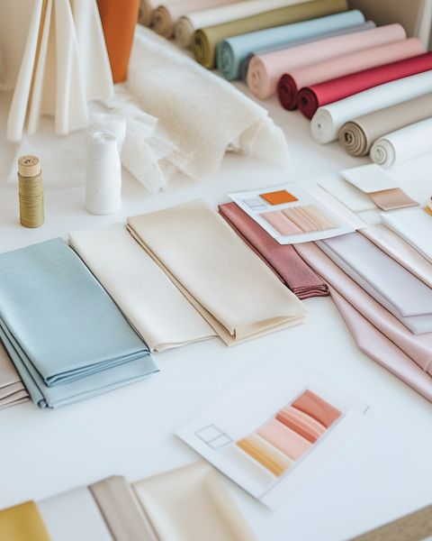 Eine übersichtlich angeordnete Ausstellung von Stoffmustern in verschiedenen Farben, darunter Blau-, Rosa- und Beigetöne. Auf einer weißen Oberfläche sind auch gerollter Stoff, Farbpaletten, weißes Garn und Nähzubehör zu sehen.