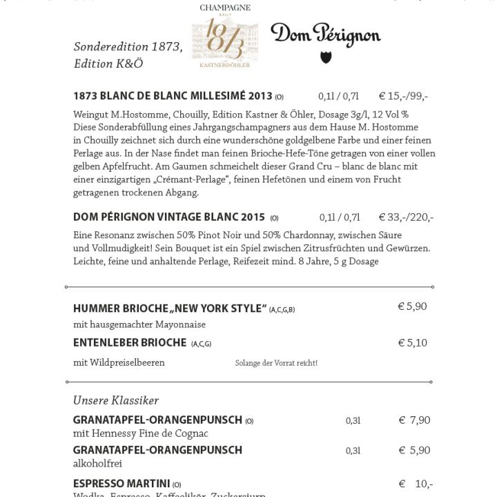 Ein festliches Menü mit dem Titel „Champagnerbar“ mit Dom Pérignon- und Ruinart-Champagnern im Glas oder in der Flasche, klassischen Hotdogs nach New Yorker Art und Weihnachtsgetränken wie Orangenpunsch und Chai Latte. Die Preise sind neben jedem Gericht aufgeführt.