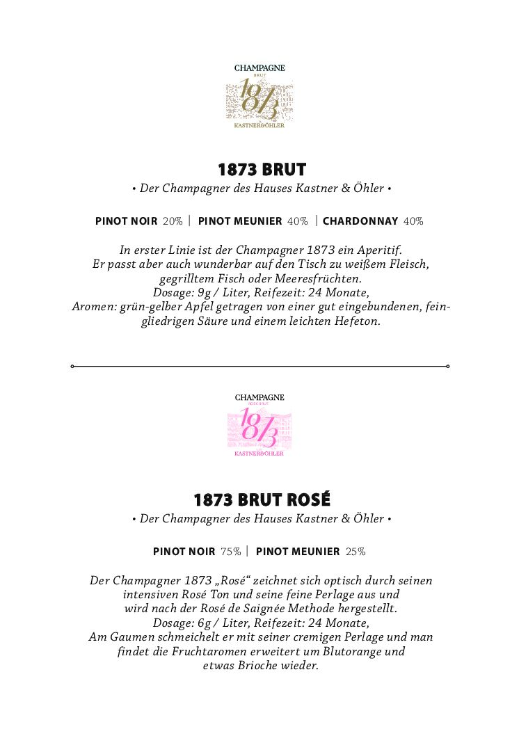 Das Bild zeigt eine deutsche Weinkarte mit zwei Optionen: „1873 Brut“ und „1873 Brut Rosé“. Zu den Details gehören Rebsorten, Geschmacksbeschreibungen und Serviervorschläge mit spezifischen Dosierungen und Ruhezeiten.