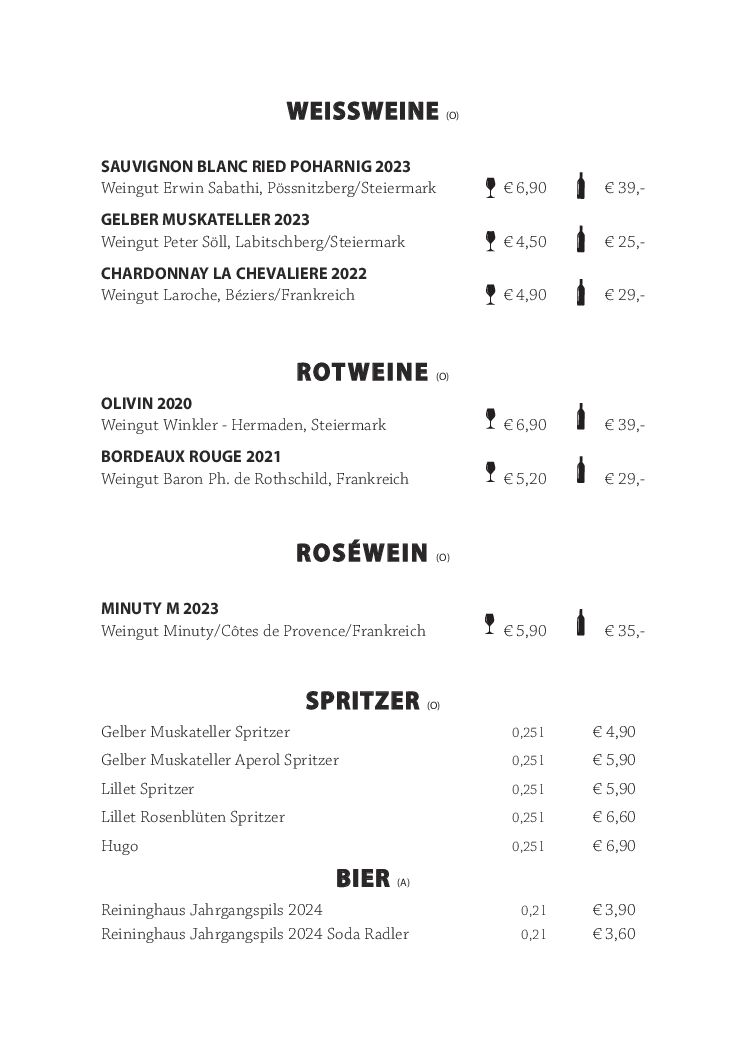 Eine Wein- und Getränkekarte mit verschiedenen Optionen, darunter Weiß-, Rot- und Roséweine mit Preisen. Die Karte listet auch Schorlen- und Biersorten mit den entsprechenden Preisen und Mengenangaben auf.