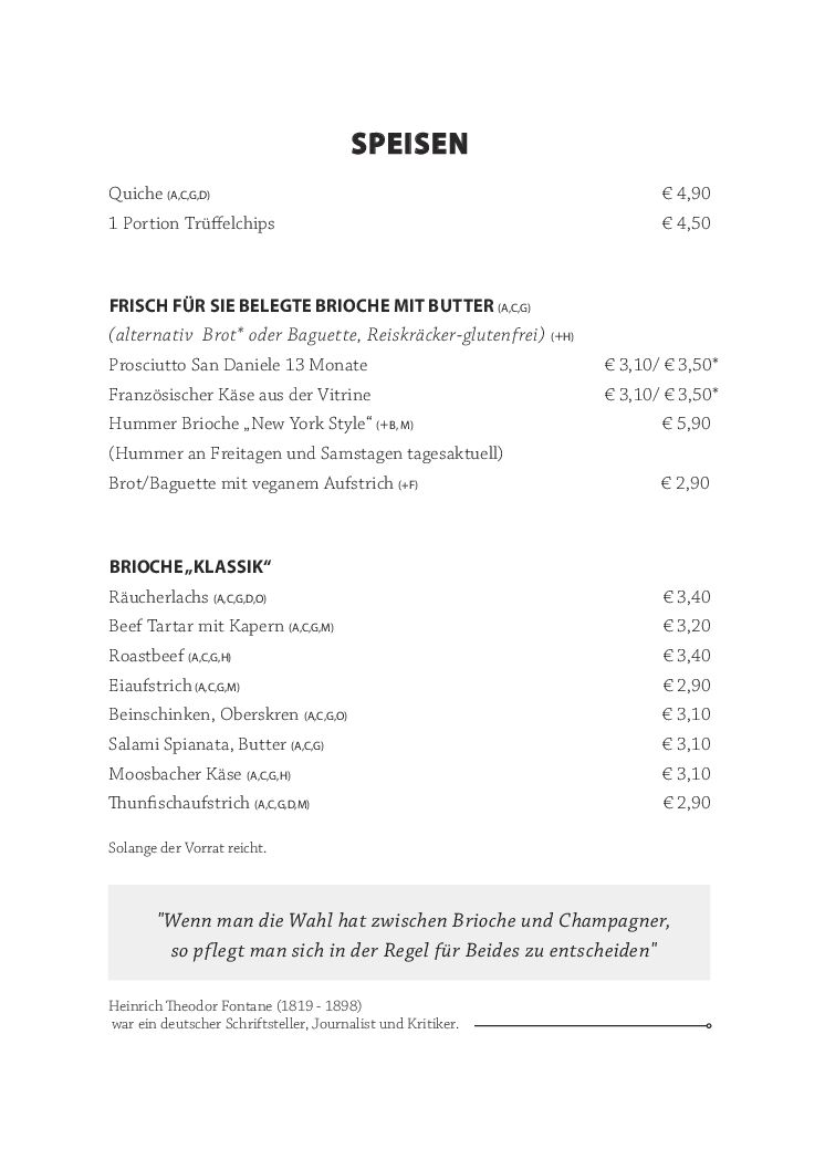 Deutscher Menüabschnitt mit dem Titel „Speisen“, der verschiedene Speisen mit Preisen auflistet. Dazu gehören Quiche, Trüffelsnacks und Butterbrioche mit verschiedenen Füllungen, wie Räucherlachs und Gemüse. Endet mit einem Zitat von Heinrich Theodor Fontane.