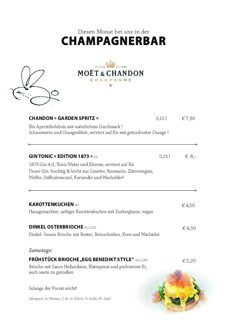 Ein festliches Menü mit dem Titel „Champagnerbar“ mit Dom Pérignon- und Ruinart-Champagnern im Glas oder in der Flasche, klassischen Hotdogs nach New Yorker Art und Weihnachtsgetränken wie Orangenpunsch und Chai Latte. Die Preise sind neben jedem Gericht aufgeführt.