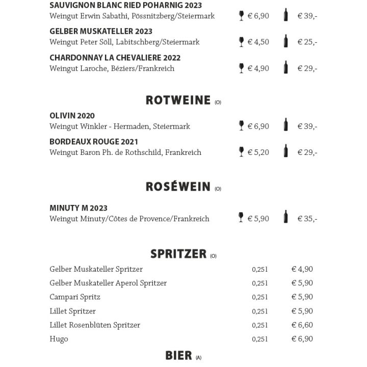 Eine Wein- und Getränkekarte mit verschiedenen Optionen, darunter Weiß-, Rot- und Roséweine mit Preisen. Die Karte listet auch Schorlen- und Biersorten mit den entsprechenden Preisen und Mengenangaben auf.
