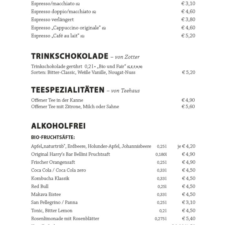 Eine Speisekarte mit Artikeln und Preisen auf Deutsch. Die Rubriken umfassen Espressogetränke, Trinkschokolade, Teespezialitäten und alkoholfreie Getränke wie Säfte, Limonaden und Mineralwasser. Neben jedem Artikel steht ein Preis.