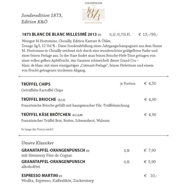 Ein festliches Menü mit dem Titel „Champagnerbar“ mit Dom Pérignon- und Ruinart-Champagnern im Glas oder in der Flasche, klassischen Hotdogs nach New Yorker Art und Weihnachtsgetränken wie Orangenpunsch und Chai Latte. Die Preise sind neben jedem Gericht aufgeführt.