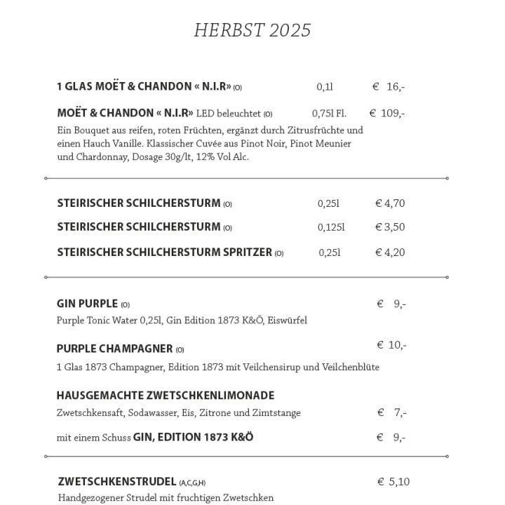 Ein festliches Menü mit dem Titel „Champagnerbar“ mit Dom Pérignon- und Ruinart-Champagnern im Glas oder in der Flasche, klassischen Hotdogs nach New Yorker Art und Weihnachtsgetränken wie Orangenpunsch und Chai Latte. Die Preise sind neben jedem Gericht aufgeführt.