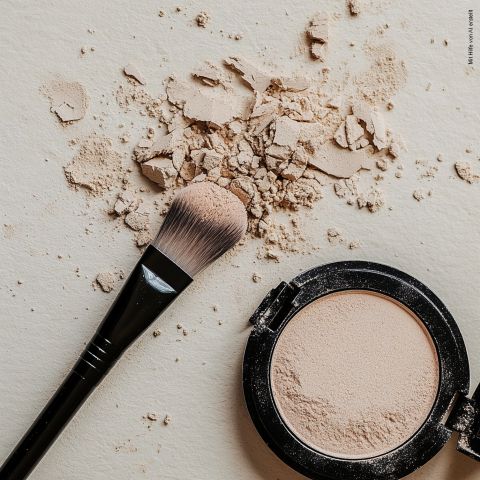 Offener Behälter mit rosafarbenem, losem Puder-Make-up auf schwarzem Hintergrund. Etwas Puder ist auf der Oberfläche verstreut, wodurch ein weicher, strukturierter Kontrast zum Hintergrund entsteht. Der Behälterdeckel ist teilweise geöffnet und zeigt das schimmernde Produkt im Inneren.