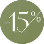 Ein grüner Kreis mit weißem Text und der Anzeige „-15 %“ weist auf einen Rabatt oder eine Ermäßigung hin.