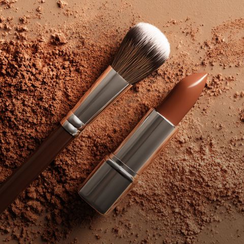 Ein Schminkpinsel und ein brauner Lippenstift mit metallisch-silberner Umhüllung liegen auf einer verstreuten Schicht braunen Gesichtspuders.