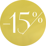Ein rundes, gelbes Schild mit der weißen Aufschrift „-15 %“, das einen Rabatt oder eine Ermäßigung von fünfzehn Prozent anzeigt.