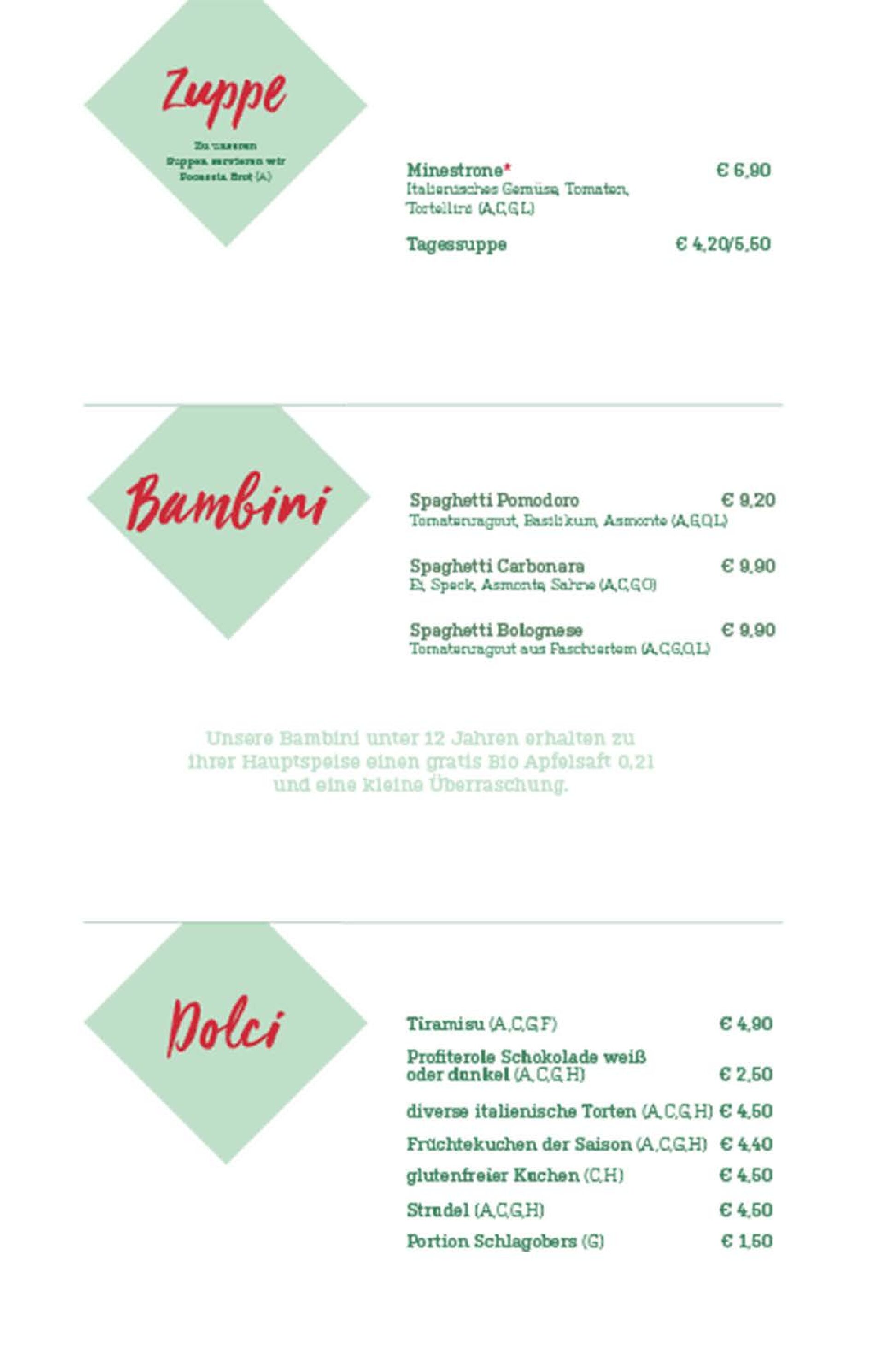 Speisekarte mit italienischer Küche. Abschnitte umfassen Zuppe, Pasta und Insalate. Gerichte wie Minestrone, Spaghetti Pomodoro und Caesar Salad sind mit Beschreibungen, Preisen und Allergieinformationen aufgeführt. Die Öffnungszeiten werden oben angezeigt.
