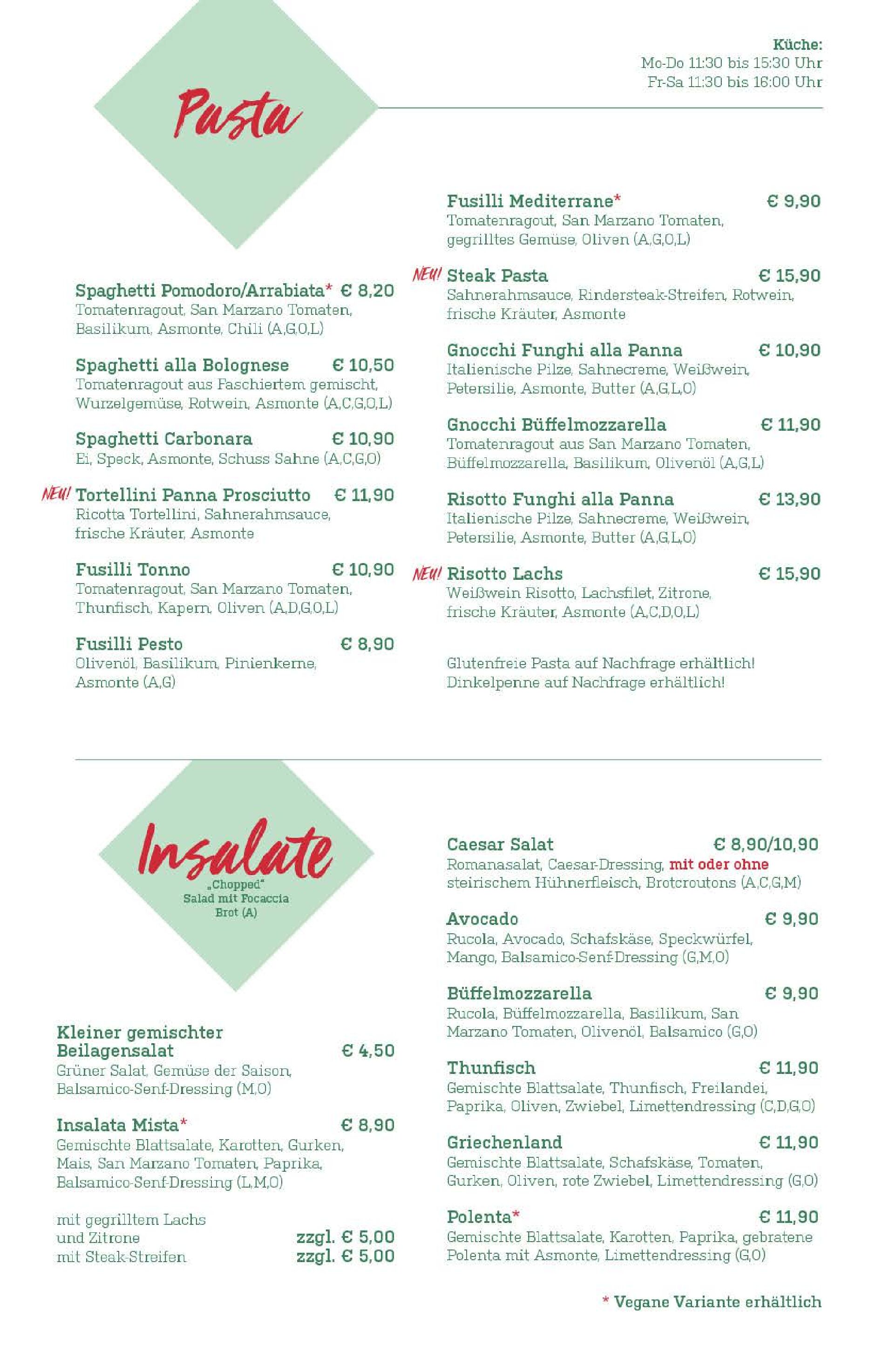 Eine Speisekarte in deutscher Sprache mit Nudel- und Salatgerichten, mit Namen der Gerichte, Zutaten, Preisen und Symbolen für vegetarische und vegane Optionen. Das Layout ist in zwei Abschnitte gegliedert: "Nudeln" und "Insalate".