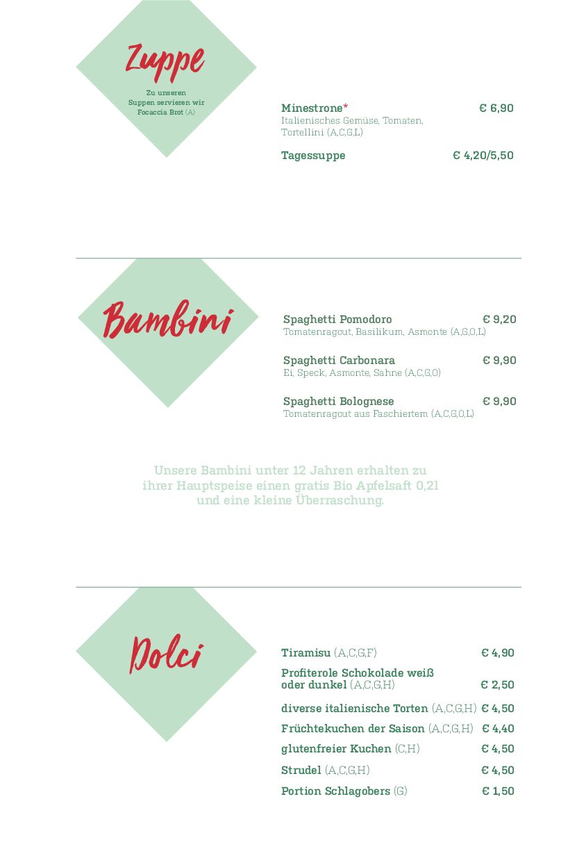 Eine Speisekarte mit einer grünen Raute und den roten Worten „Mittagsmenü“. Darunter sind die Mittagszeiten und -preise aufgeführt: Mittagsmenü 7,90 €, Insalata 1,80 € und Menüsuppe 2,50 €, erhältlich von Montag bis Freitag von 11:30 bis 14:30 Uhr.