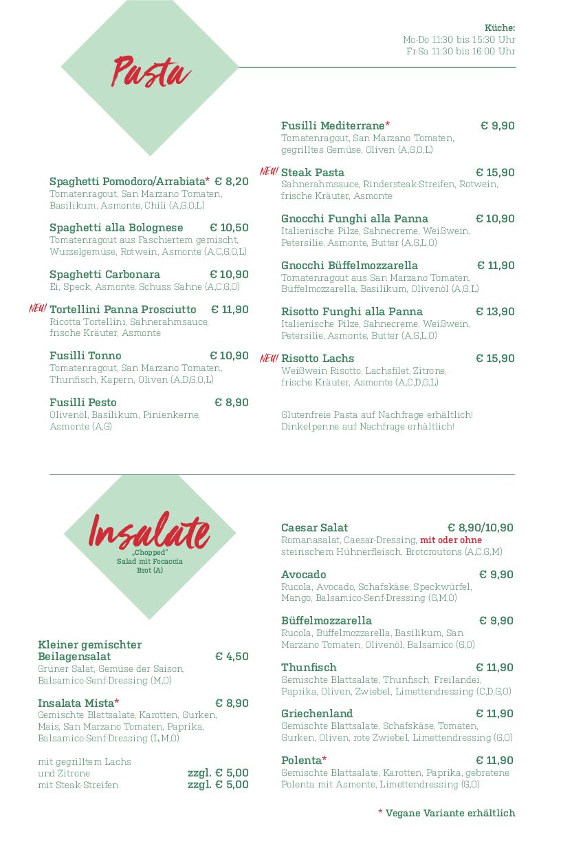 Speisekarte mit italienischer Küche. Abschnitte umfassen Zuppe, Pasta und Insalate. Gerichte wie Minestrone, Spaghetti Pomodoro und Caesar Salad sind mit Beschreibungen, Preisen und Allergieinformationen aufgeführt. Die Öffnungszeiten werden oben angezeigt.