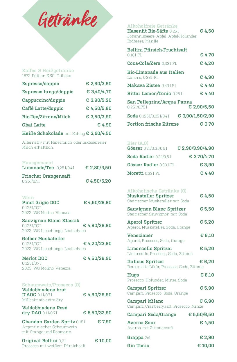 Eine Getränkekarte mit dem Titel „Getränke“ listet verschiedene Getränke mit Preisen auf. Unter anderem gibt es Kaffee, heiße Schokolade, Limonade und alkoholische Getränke wie Bier und Wein. Die Preise reichen von 2,60 € bis 5,90 €.