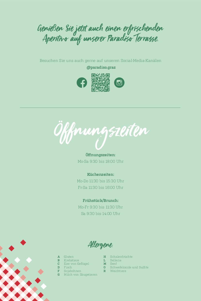 Ein grüner Flyer mit Text in deutscher Sprache, der die Öffnungszeiten eines Standorts angibt. Darin enthalten sind die Öffnungszeiten für Kuchenservice und Brunch. Informationen zu Allergenen sind unten aufgeführt. Dekorative rote und weiße Quadrate befinden sich in der unteren linken Ecke.