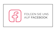 Ein rot umrandetes Facebook-Logo neben dem deutschen Text "Folgen Sie uns auf Facebook" innerhalb eines rechteckigen Rahmens.