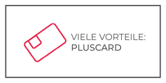 Eine einfache Grafik mit einer rot umrandeten Karte neben dem deutschen Text "VIELE VORTEILE: PLUSCARD" auf einem weißen Hintergrund mit einem dünnen schwarzen Rand.