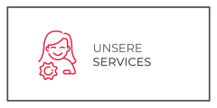 Eine einfache Grafik mit dem roten Umriss einer lächelnden Frau neben einem Zahnradsymbol auf der linken Seite und dem deutschen Text "UNSERE SERVICES" in Grau auf der rechten Seite. Das Design wird von einem dünnen schwarzen Rechteck eingerahmt.