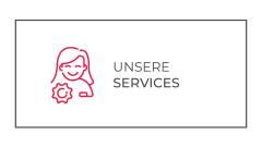 Eine einfache Grafik mit dem roten Umriss einer lächelnden Frau neben einem Zahnradsymbol auf der linken Seite und dem deutschen Text "UNSERE SERVICES" in Grau auf der rechten Seite. Das Design wird von einem dünnen schwarzen Rechteck eingerahmt.