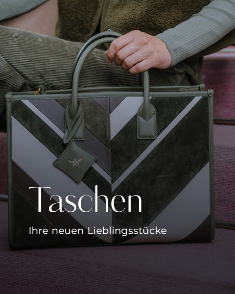 Eine Person hält eine stilvolle grüne und graue geometrische Handtasche. Der Text lautet: "Taschen Ihre neuen Lieblingsstücke.
