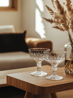 Zwei elegante Kristallgläser stehen auf einem Holztisch neben einer mit getrocknetem Pampasgras gefüllten Glasvase, im Hintergrund ein gemütliches Sofa und Sonnenlicht, das in den sanft beleuchteten Raum fällt.