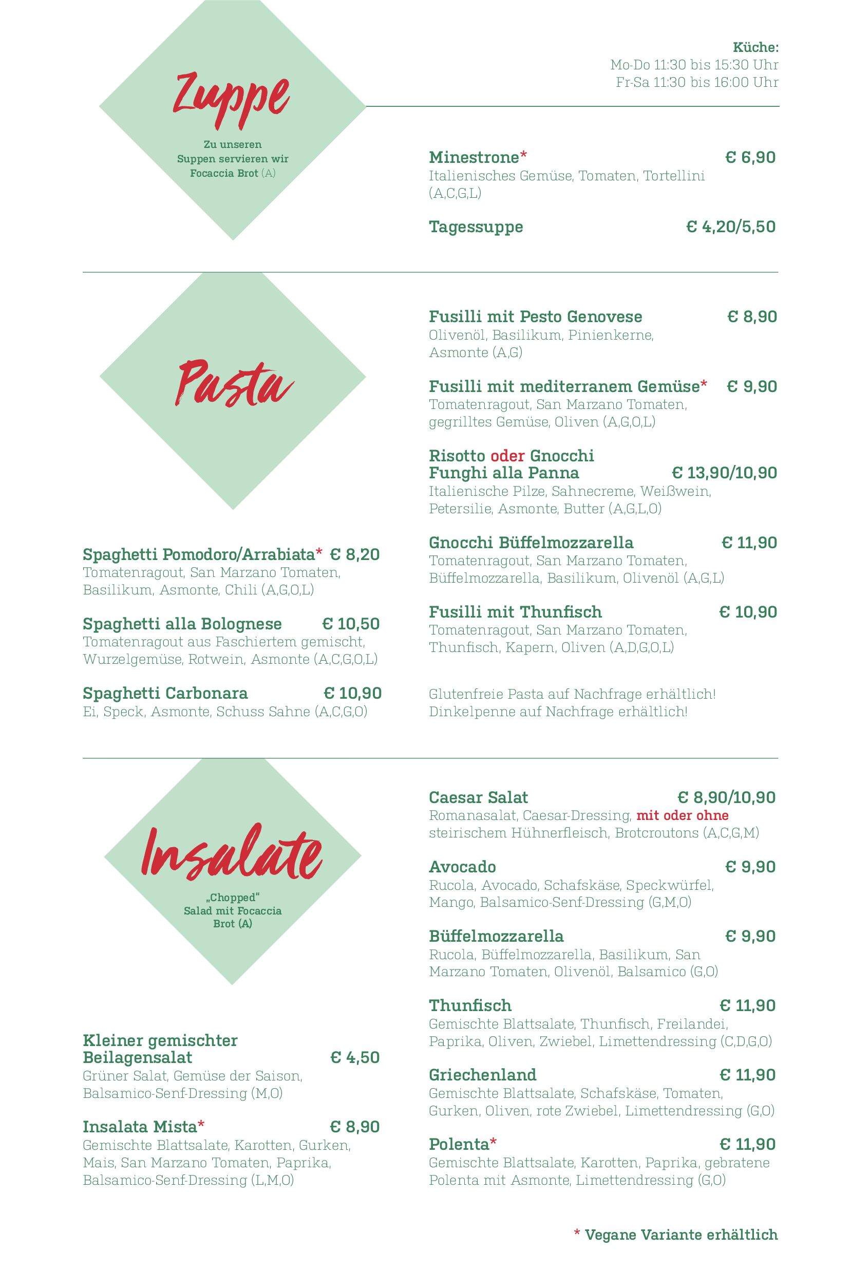 Speisekarte mit italienischer Küche. Abschnitte umfassen Zuppe, Pasta und Insalate. Gerichte wie Minestrone, Spaghetti Pomodoro und Caesar Salad sind mit Beschreibungen, Preisen und Allergieinformationen aufgeführt. Die Öffnungszeiten werden oben angezeigt.