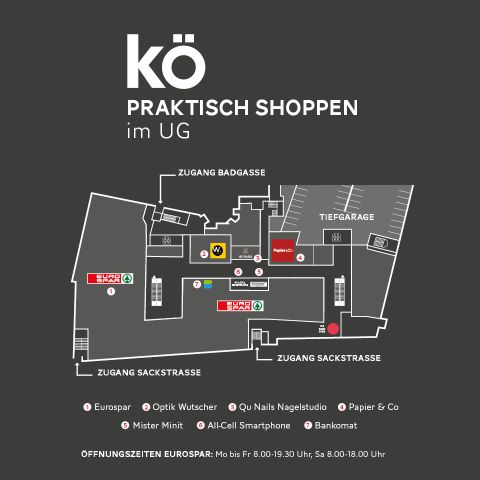 Ein Lageplan eines Einkaufsviertels namens „kö“, auf dem verschiedene Geschäfte und Eingänge zu sehen sind. Bemerkenswerte Geschäfte sind Eurospar, Optik Wutscher und Mister Minit. Die Eingänge sind als Badgasse und Sackstraße gekennzeichnet. Öffnungszeiten und Beschriftungen sind auf Deutsch.