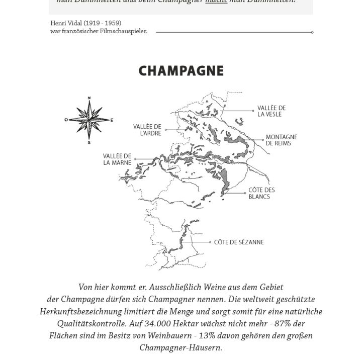 Karte von Frankreich mit Hervorhebung der Region Champagne mit den folgenden Beschriftungen: Montagne de Reims, Vallée de la Marne, Côte des Blancs, Côte de Sézanne und Côte des Bar. Enthält ein Zitat von Henri Vidal und einen Text über die Champagnerproduktion.