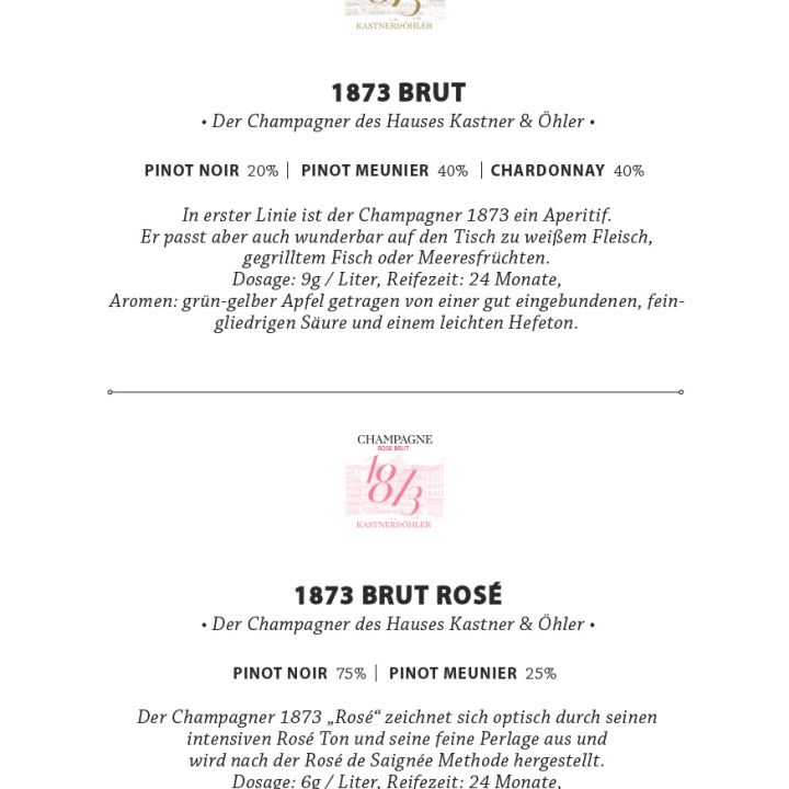 Das Bild zeigt eine deutsche Weinkarte mit zwei Optionen: „1873 Brut“ und „1873 Brut Rosé“. Zu den Details gehören Rebsorten, Geschmacksbeschreibungen und Serviervorschläge mit spezifischen Dosierungen und Ruhezeiten.