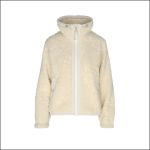 Cremefarbene, flauschige Fleecejacke mit hohem Kragen, Reißverschluss vorne und langen Ärmeln, präsentiert vor einem schlichten weißen Hintergrund.