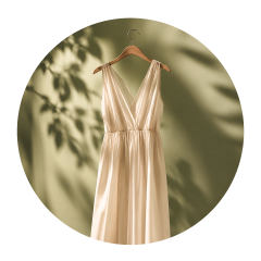 Ein cremefarbenes, ärmelloses Satin-Kleid auf einem Kleiderbügel, mit einem Blattmuster als Schattenmotiv auf grünem Hintergrund.