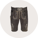 Traditionelle braune Lederhose mit dekorativen Stickereien, einem Gürtel und einer detaillierten Metallschnalle, dargestellt auf einem schlichten hellen Hintergrund.