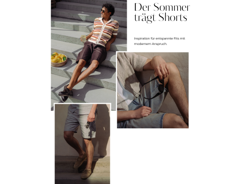 Drei Männer modellieren Sommeroutfits mit Shorts: einer in einem marineblauen Hemd und Turnschuhen, ein anderer in einem hellen Hemd und grauen Shorts, und eine Nahaufnahme von hellbraunen Shorts.
