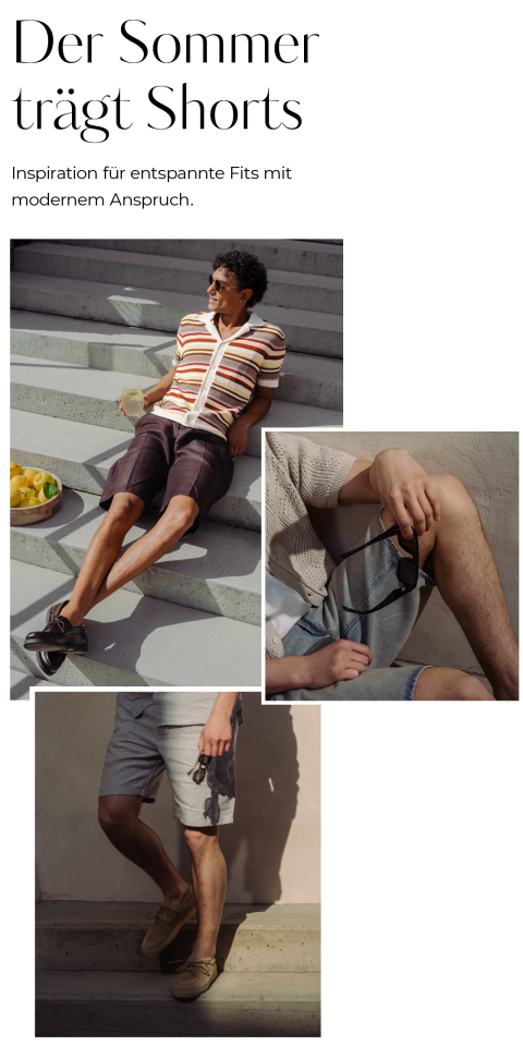 Drei Bilder von Männern in modischen Shorts und legerer Kleidung auf einer Treppe, mit dem Text "Der Sommer trägt Shorts" in deutscher Sprache am oberen Rand.