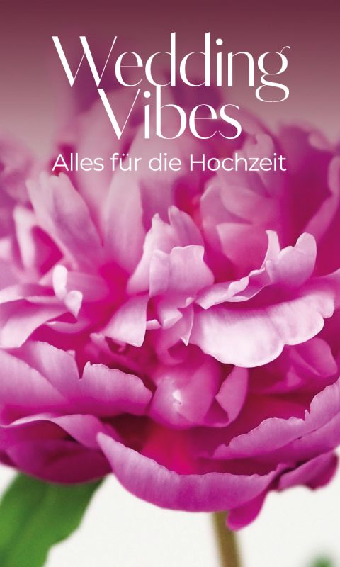 Nahaufnahme einer rosa Pfingstrose mit dem Text "Wedding Vibes Alles für die Hochzeit" auf einem rosa Hintergrund mit Farbverlauf.