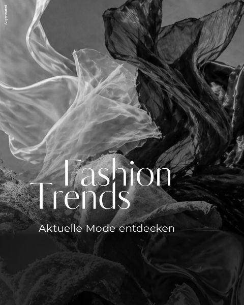 Abstraktes schwarz-weißes Bild von fließenden Stoffen mit dem Text "Fashion Trends" und "Aktuelle Mode entdecken" am unteren Rand überlagert.