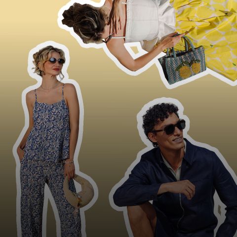 Drei stilvolle Menschen mit Sonnenbrillen und Sommeroutfits, die vor einem gelben Hintergrund mit Farbverlauf und weißen Umrissen stehen und sitzen.