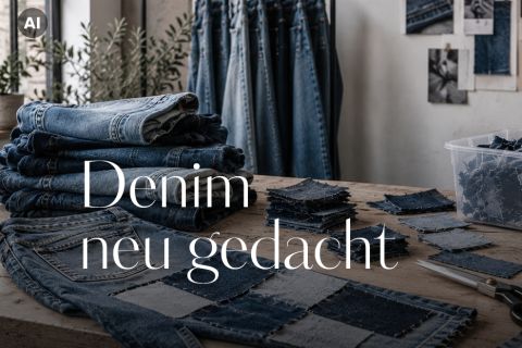 Zwei Personen in Jeansoutfits sitzen nebeneinander vor einer roten Wand; über das Bild ist der Schriftzug „Recycling Denim“ gelegt.