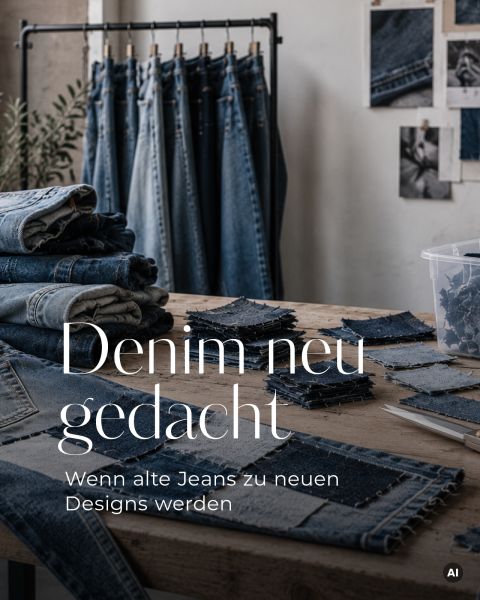 Zwei Personen in Jeansjacken sitzen vor einer roten Wand. Der Text lautet: „Recycling Denim. Schenken Sie Ihrer Jeans ein zweites Leben.“.