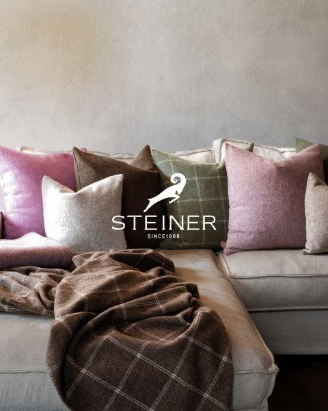 Ein gemütliches Wohnzimmer mit einem grauen Sofa, einer blauen Decke, einem Holztablett mit Tasse und Schüssel, einer Stehlampe und holzgetäfelten Wänden. Unten ist das „STEINER“-Logo zu sehen.
