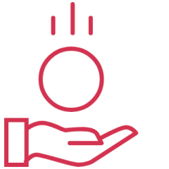 Rote Liniendarstellung einer offenen Hand mit einem darüber schwebenden Kreis und drei vertikalen Linien, die eine Aufwärtsbewegung andeuten. Das Design ist schlicht und minimalistisch.