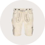 Eine traditionelle weiße Lederhose mit dekorativer Stickerei und Metallknöpfen an den Seiten vor einem hellgrauen Hintergrund.