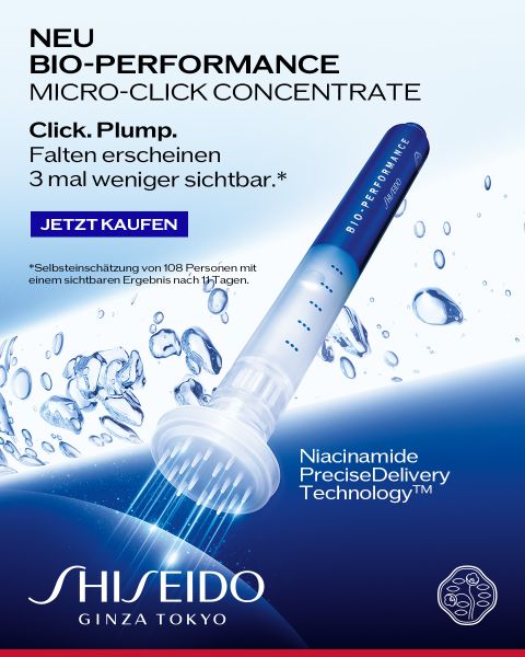 Abgebildet ist ein blau-weißer Shiseido Bio-Performance Micro-Click Concentrate Serum Pen, der das Produkt versprüht. Der Text hebt die sichtbare Faltenreduzierung und die fortschrittliche Technologie hervor. Es wird eine Schaltfläche "Jetzt kaufen" angezeigt.