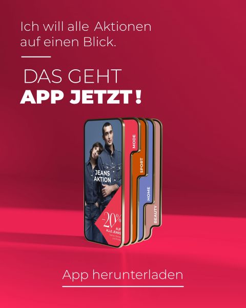 Ein Smartphone-Display zeigt einen Jeans-Verkauf an. Dahinter erscheinen vier farbige Registerkarten mit den Bezeichnungen Mode, Sport, Home und Beauty. Weißer Text wirbt für den Download einer Shopping-App auf einem hellrosa Hintergrund.