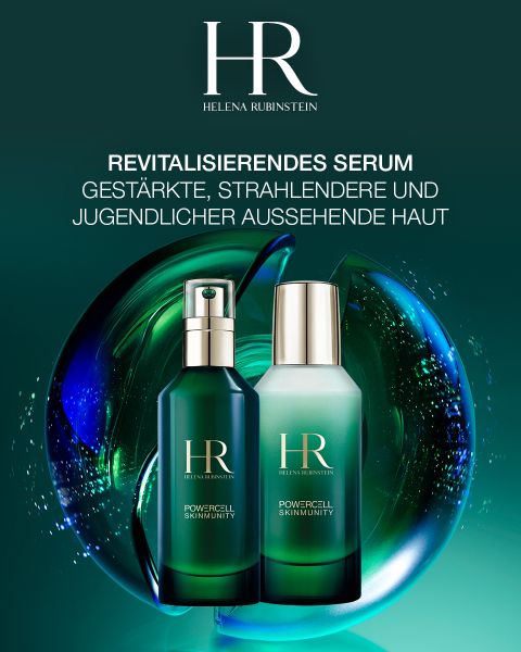 Zwei Flaschen Helena Rubinstein Powercell Skinmunity Revitalisierendes Serum werden vor einem dynamischen, grün-blauen Hintergrund präsentiert. Der Text ist auf Deutsch und hebt die Vorteile für gestärkte, strahlende und jugendlich aussehende Haut hervor.