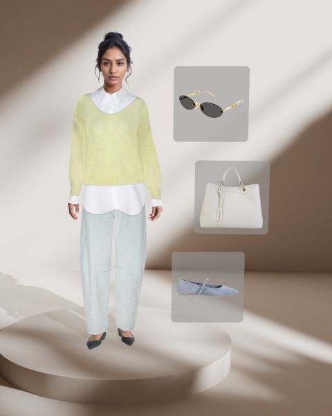 Eine Frau steht auf einer runden Plattform und trägt einen hellgrünen Pullover über einem weißen Hemd, hellblaue Jeans und schwarze Schuhe. Neben ihr sind Bilder einer Sonnenbrille, einer weißen Handtasche und blauer Ballerinas vor einem minimalistischen Hintergrund zu sehen.