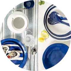 Ein Tischgedeck mit blau-weiß gestreiften Tellern mit Austern, einer kleinen Schüssel, einem Krug, Zitronenspalten und Besteck auf einer gestreiften Tischdecke. Das Arrangement vermittelt ein frisches maritimes Thema.