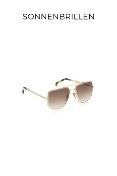 Sonnenbrille mit goldenem Rahmen und braunen Verlaufsgläsern auf weißem Grund. Darüber steht in schwarzen Großbuchstaben das Wort „SONNENBRILLEN“.